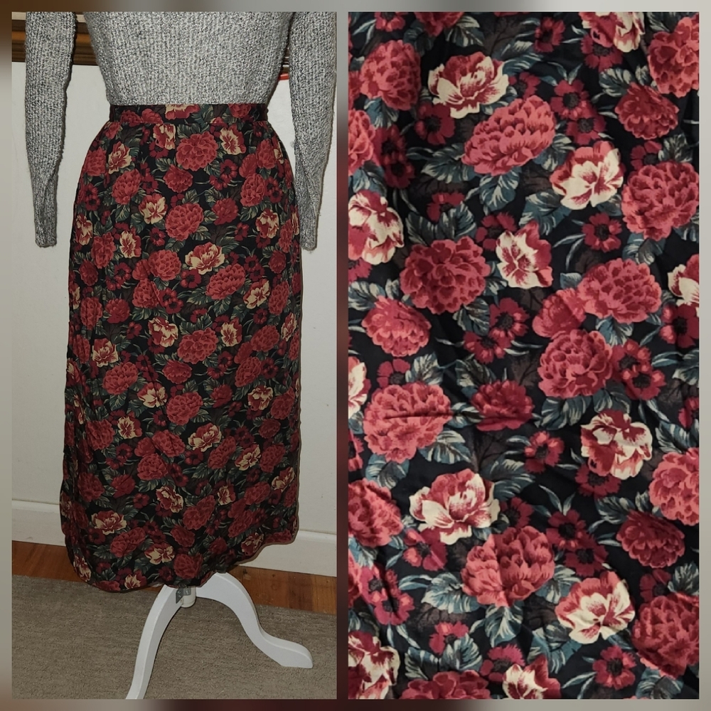 Vintage 1970s Black & Burgundy Floral Skirt by Pendleton